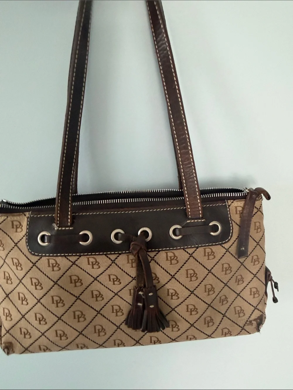 Dooney & Bourke Tan and Dark Brown Signature Monogram Shoulder Bag with Tassel